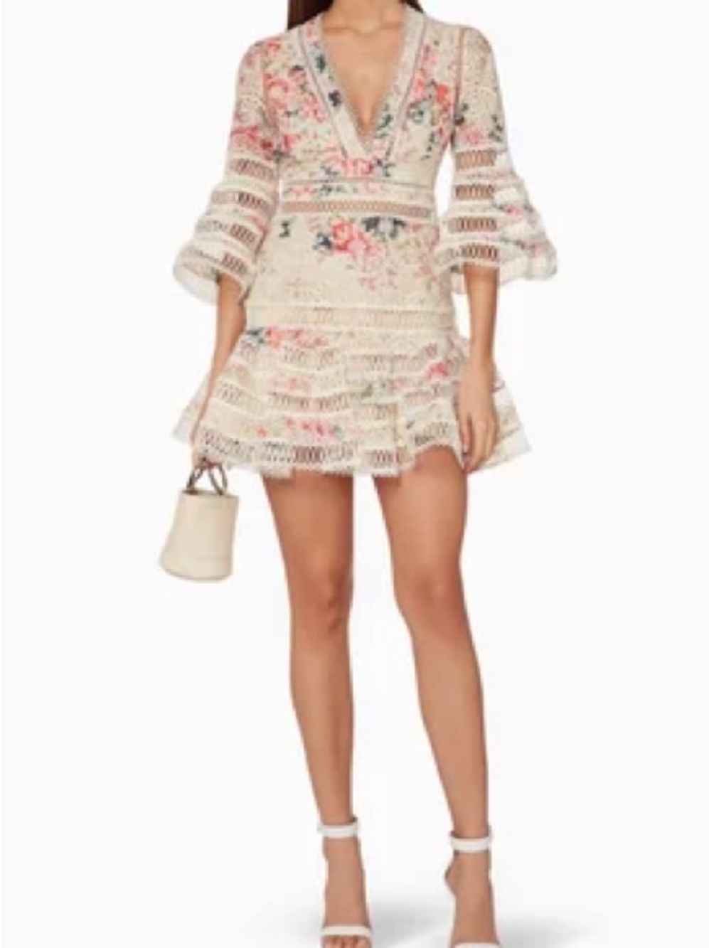 Zimmermann Cream Floral Lace V-Neck Tiered Mini Dress